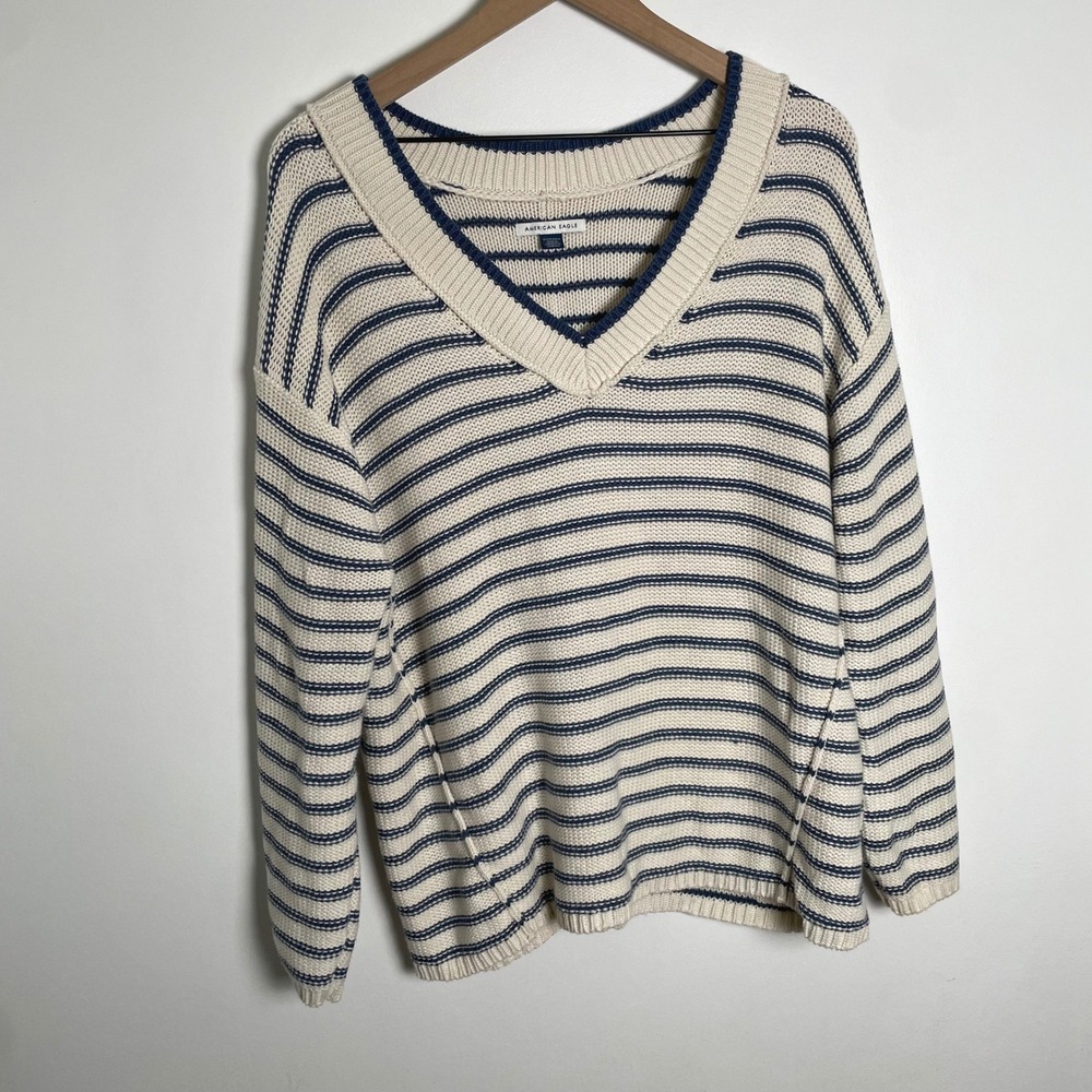 American Eagle Sweater Women XS Cream Blue Striped V Neck Oversized Slouchy Cozy